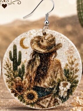 Cowgirl Glitter Round Drop Earrings
